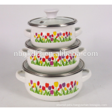 3pcs enamel cookware sets with two side decal and glass lid